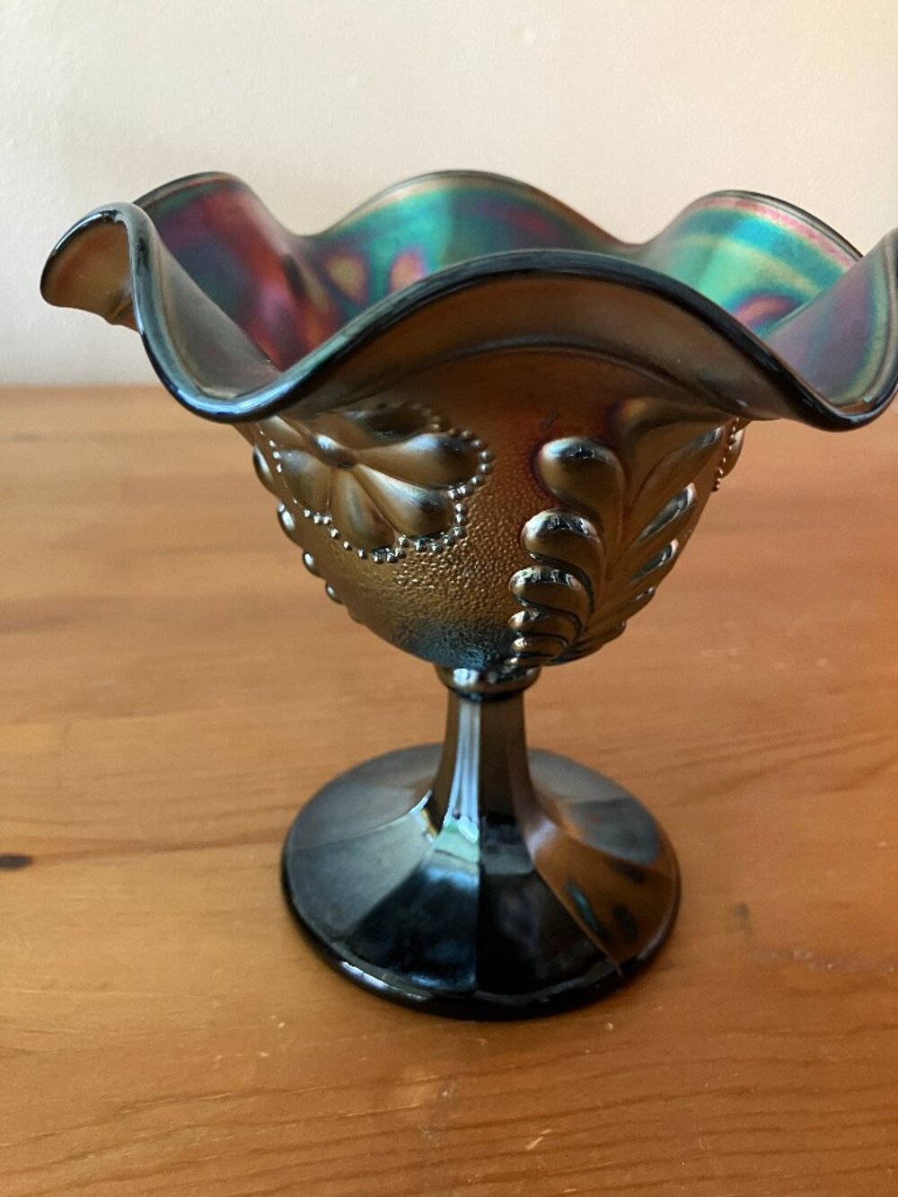 Carnival Glass Blue/Silver Ruffled Vintage dish/vase Size 5x5 in